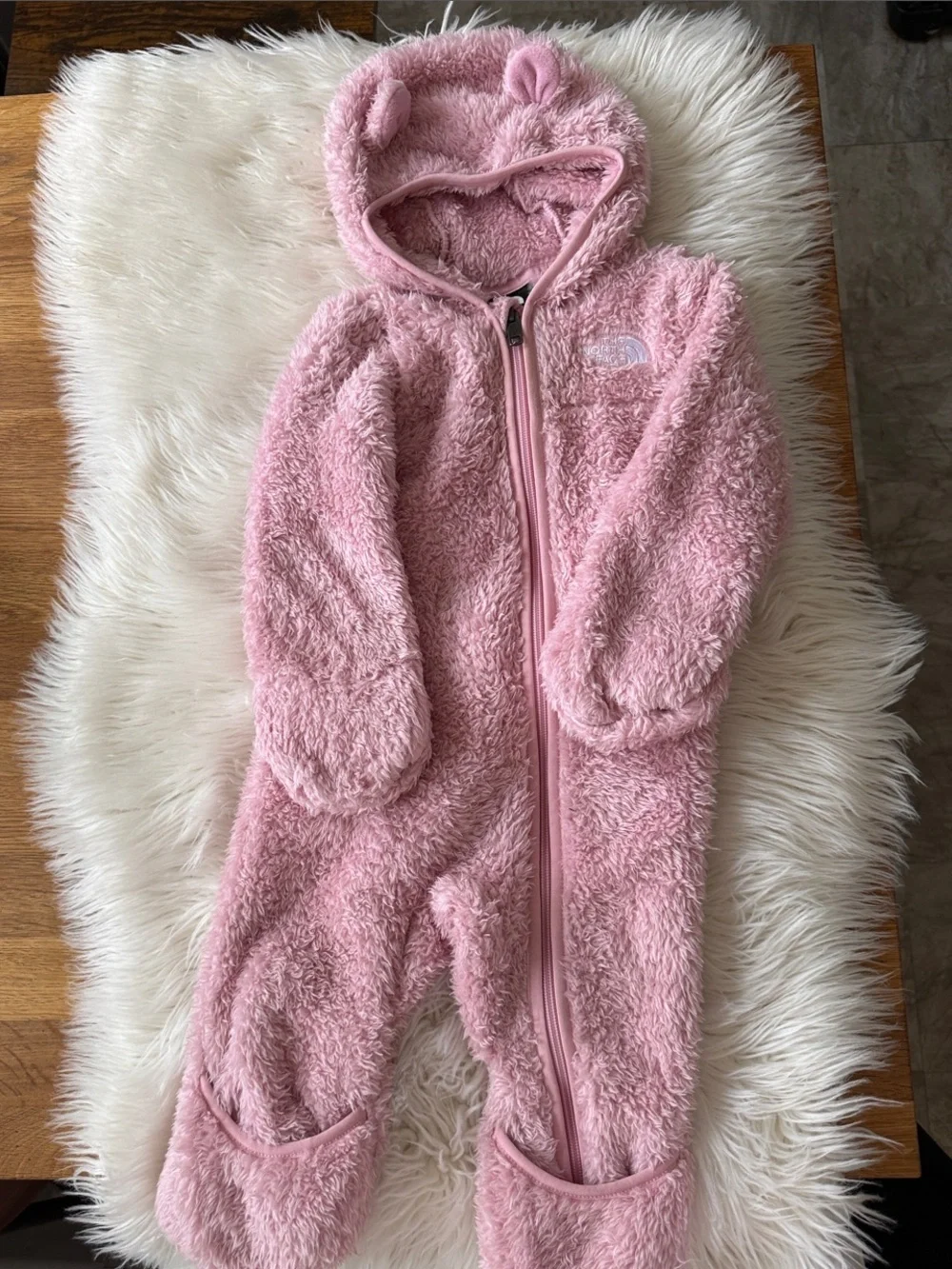 The North Face Soft Pink Fuzzy Hooded Baby One-Piece 6-12mo